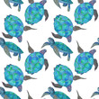 Watercolor painting illustration of sea turtles, handmade. Marine seamless pattern. A beautiful colorful background for your design of postcards, textiles, wallpaper.