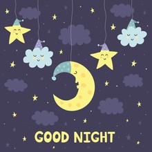Good Night Card With The Cute Sleeping Moon And Stars