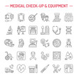© nadiinko - Vector thin line icon of medical equipment, research. Medical check-up, test elements - MRI, xray, glucometer, blood pressure, laboratory. Linear pictogram with editable stroke for clinic, hospital.