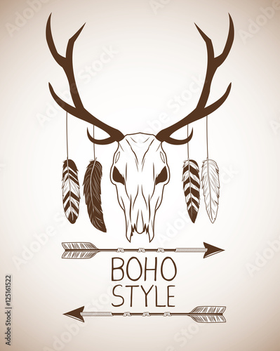 Deer Skull With Feathers Icon Boho Style Bohemic Ornament Indian