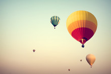 Hot Air Balloon On Sky With Fog, Vintage And Retro Instagram Filter Effect Style