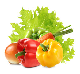 Wall Mural - Composition of fresh vegetables on white background, closeup.