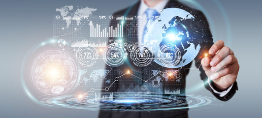 Poster - Businessman using hologram screen with digital data