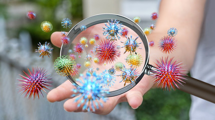 Poster - Close up on a sick man hand through magnifying glass transmittin