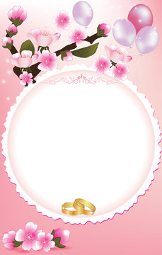 Cherry Blossom Wedding Invitation with balloons and wedding rings. All on separated layers. Easy to customize. Print colors used; size of a custom postcard.