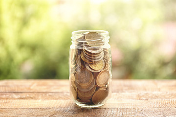 Wall Mural - Coins in jar on nature background