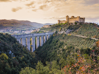 Scenic view of Albornoz medieval castle and Ponte delle Torri, Spoleto, Italy
