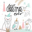 Hand drawn christmas card with cute animals