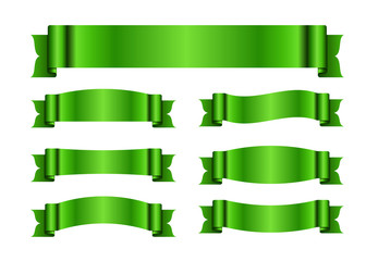 Wall Mural - Green ribbons set. Satin blank banners collection. Design label scroll blanks element, isolated on white background. Empty template for greeting, advertising. Symbols decoration. Vector illustration