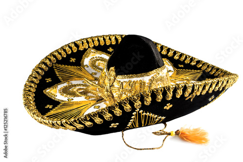 Fotografie, Obraz Black with gold ornate trim Mexican hat, sombrero isolated on white background