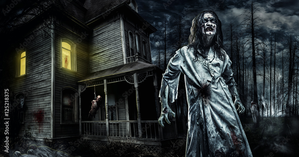 Horror zombie near the abandoned house. Halloween. Stock Photo | Adobe ...