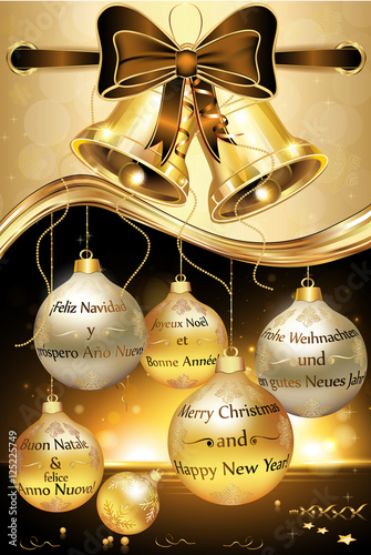 Greeting Card For New Year With Message In Many Languages English Merry Christmas And A Happy New Year French Spanish German And Italian Contains Jingle Bells Ribbon And Christmas Baubles Stock Illustration
