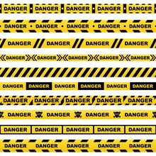 Set Of Yellow Ribbons With Black Lettering Danger Skull And Stripes Indicating Dangerous Place On A White Background. Safety Police Warning Tapes