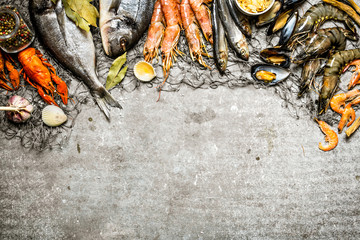 Canvas Print - Fresh seafood with a fishing net.