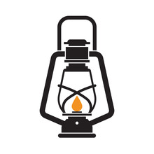 Vintage Camping Lantern Silhouette Isolated On White Background. Retro Gas Lamp With Glowing Fire Wick. Flat Tourist Oil Lantern Outline Vector Illustration. Old Lamp For Hiking.