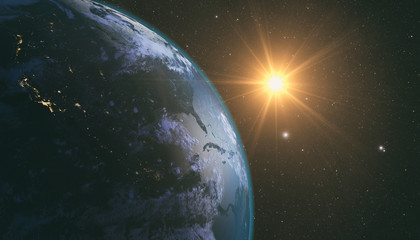 Poster - Planet Earth with a spectacular sunrise with milkyway in the background. 3d render.
