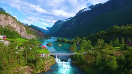 Wall Mural - Beautiful Nature Norway natural landscape. Aerial footage lovatnet lake.