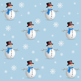 Fototapeta Dinusie - Christmas seamless pattern with snowman and snow flakes on blue background.