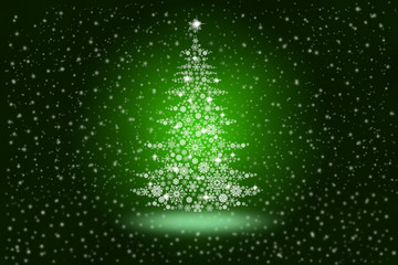 Wall Mural - Christmas tree from snowflakes on an abstract green background