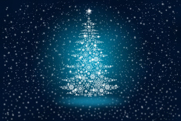 Wall Mural - Christmas tree from snowflakes on an abstract blue background