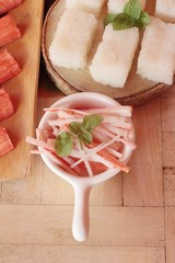 Canvas Print - Crab stick with wasabi sauce and making sushi.