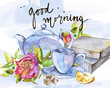 © asetrova - Collection of hand drawn illustration on the theme tea. Watercolor set with lettering-good morning. Menu design.