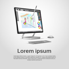 Poster - desktop modern computer graphic designer workplace vector illustration