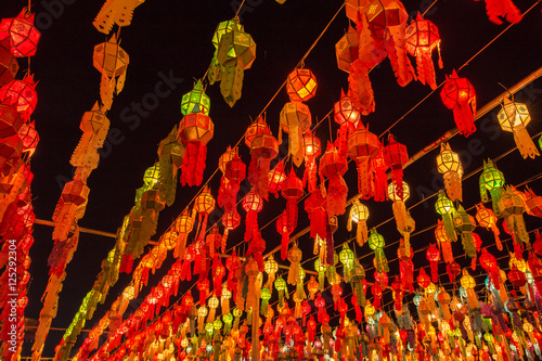 Fotografie, Obraz Colorful Lamp and lantern in Loi Krathong Wat Phra That Haripunc
