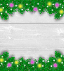 Wall Mural - Christmas decoration wooden background with branches of Christmas trees,lights and snow.