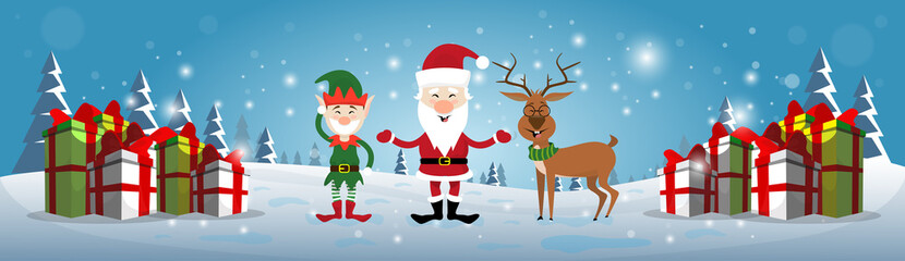 Wall Mural - Smiling Santa Claus, Reindeer And Christmas Elf With Holiday Present Boxes Happy New Year Flat Vector Illustration