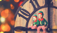 Christmas Concept. Two Little Elf Helper Of Santa