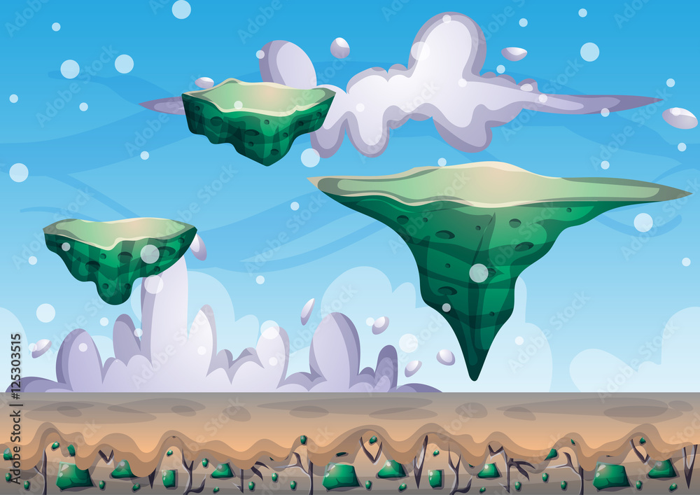 cartoon vector floating island background with separated layers for ...