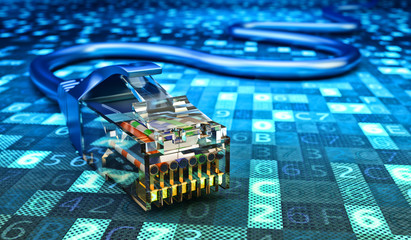 Network connection, internet communication and computer technology concept, closeup view of ethernet cable plug connector on blue digital code data background