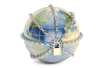 Poster - Earth globe close in chain, security concept. 3D rendering