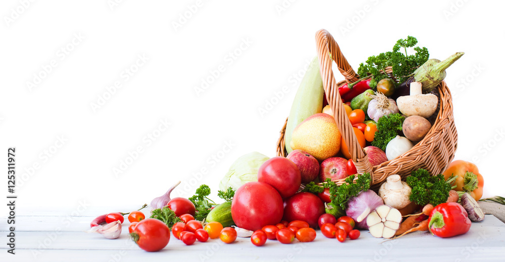 Fresh vegetables and fruits isolated on white background. - obrazy, fototapety, plakaty 