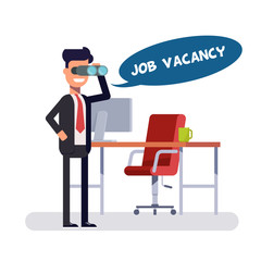Poster - Free vacancy for a promising place. Leader is looking for new employees. Head in search of people to a new position. Man in a business suit near a computer desk looking through telescope or binocular