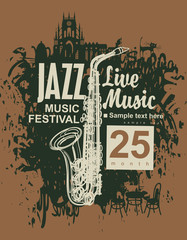 banner with jazz festival an saxophone on grungy background