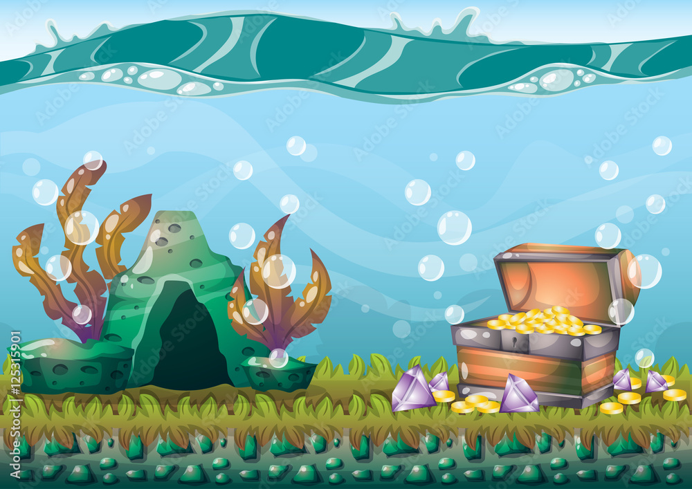 cartoon vector underwater treasure background with separated layers for ...
