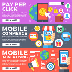 Poster - Pay per click, mobile commerce, internet business, mobile advertising flat illustration concepts set. Flat design graphic for web sites, web banner, printed materials, infographic. Vector illustration