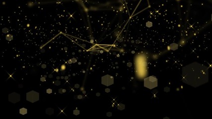 Wall Mural - Plexus Shapes Falling and Golden Stars and Bokeh Hexagons Flying Around