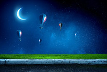 Air Balloons In Evening Sky . Mixed Media