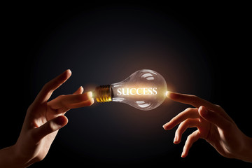 Wall Mural - hand pointing light bulb . mixed media
