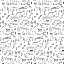 Seamless Pattern Hand Drawn Doodle Hair Salon Icons Set. Vector Illustration. Barber Symbols Collection. Cartoon Hairdressing Equipment Elements: Shampoo, Mask, Hair Die, Scissors, Iron, Hair Dryer