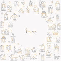 Hand drawn doodle street homes icons set. Vector illustration. Cottage symbol collection. Cartoon village buildings various sketch architectural elements: residential houses, housing, property