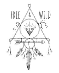 Wall Mural - native american boho feathers, arrows and crystal vector design ornament with free and wild text