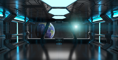 Wall Mural - spaceship interior with view on the planet earth 3d rendering el