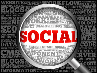 Poster - Social word cloud with magnifying glass, business concept