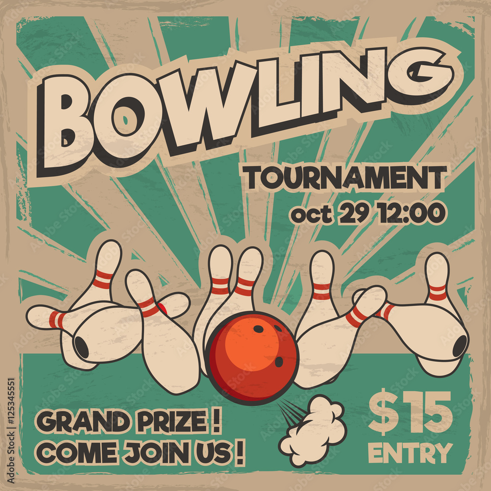 Vector pop art bowling illustration on a vintage background. Bowling  strike. Retro bowling tournament poster design concept. Stock Vector |  Adobe Stock, image size:1000x1000
