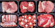 Different types of raw meat in plastic boxes, lamb shank on the