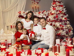 Wall Mural - Christmas Family Celebrating Portrait, Xmas Tree Present Gifts